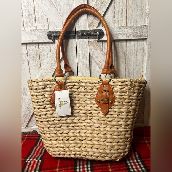 Handbags - Straw Tote Bag with Tan faux Leather Handles